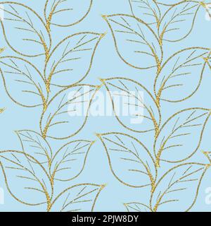 Motif sans couture feuilles dorées brillantes. Feuilles de ligne dessinées à la main. Banque D'Images