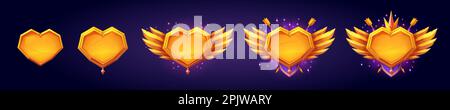 Ensemble de dessins animés de cadres d'avatar à coeur doré isolés sur l'arrière-plan. Illustration vectorielle des frontières de rang de jeu de fantaisie décorées avec des ailes, des flèches et lu Illustration de Vecteur