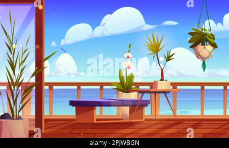 Balcon de la maison de plage avec vue sur mer Méditerranée. Illustration vectorielle de la belle terrasse en bois décorée de fleurs en pot, orchidée Illustration de Vecteur