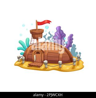 Dessin animé sous-marin bateau nauséeux maison de fées, maison ou bâtiment d'habitation. Vecteur sable fond de mer, océan ou aquarium, conte de fées en bois voile maison de navire Illustration de Vecteur