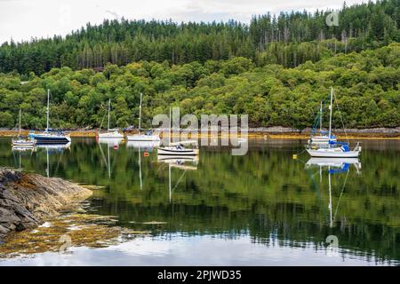 Yachts amarrés à Salen Jetty sur le Loch Sunart sur la péninsule Ardnamurchan à Lochaber, sur la côte ouest sauvage et pittoresque de l'Écosse Banque D'Images