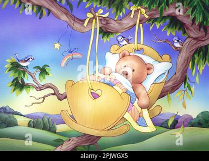 Pépinière Rhymes-Rock un bébé au revoir teddy dans un berceau suspendu de la bouge d'arbre Banque D'Images