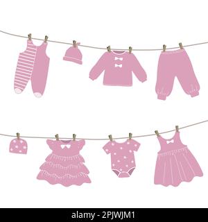 Les vêtements de bébé sont accrochés à la corde à linge. Les choses sont séchées sur des épingles à linge après le lavage. Illustration vectorielle en rose Illustration de Vecteur