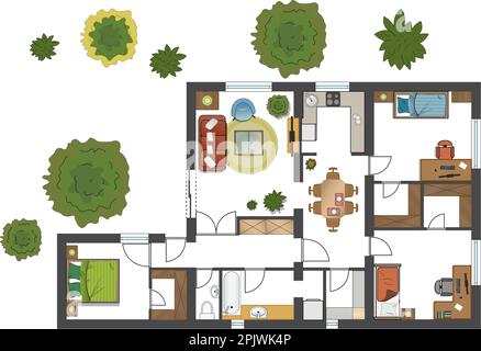 Plan d'étage coloré d'une maison. Illustration de Vecteur