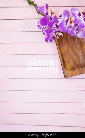 Orchidée pourpre et bol en bois sur fond de planches roses. Zen, beauté, spa, soins, pour la présentation des produits. Copier l'espace Banque D'Images