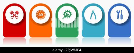 Jeu d'icônes de voiture et d'atelier, conception plate diverses icônes colorées comme les pistons, les piliers, la clé et les outils pour la conception de sites Web et l'application mobile Illustration de Vecteur