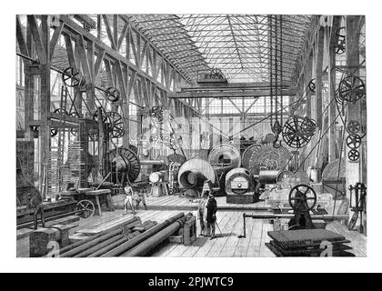 Le grand atelier de machines et de tourniquets de Penn's Marine Engine Factory à Greenwich, Londres, Angleterre en 1865. L'entreprise est devenue le principal fournisseur de la Royal Navy en passant de la voile à la vapeur. Banque D'Images