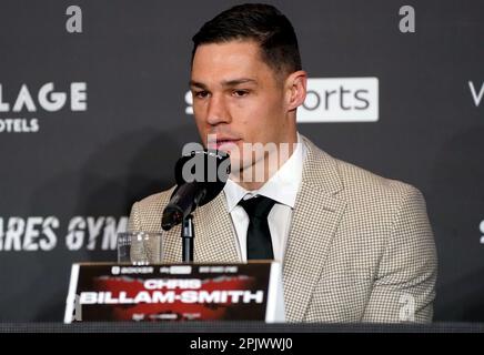 Chris Billam-Smith lors d'une conférence de presse au Landmark Hotel, Londres. Lawrence Okolie visera une quatrième défense réussie de son titre mondial de poids de croisière WBO lorsqu'il prendra la tête de son collègue britannique Chris Billam-Smith au stade Vitality de Bournemouth sur 27 mai. Date de la photo: Mardi 4 avril 2023. Banque D'Images