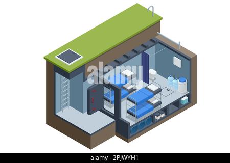 Abri à bombe isométrique en béton, bunker, abri résistant aux bombardements, abri de RAID aérien. Abri souterrain de bombe avec lits, une fourniture de nourriture pour la survie de Illustration de Vecteur