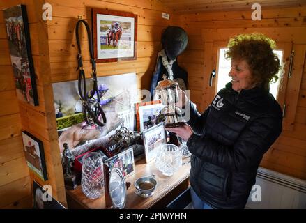 L'entraîneur, Lucinda Russell tenant le trophée Ultima handicap Chase, qui a été remporté par Corach Rambler au Cheltenham Festival 2023, photographié lors d'une visite stable à Arlary House, Kinross. Date de la photo: Mardi 4 avril 2023. Banque D'Images