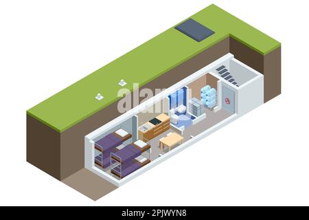 Abri à bombe isométrique en béton, bunker, abri résistant aux bombardements, abri de RAID aérien. Abri souterrain de bombe avec lits, une fourniture de nourriture pour la survie de Illustration de Vecteur