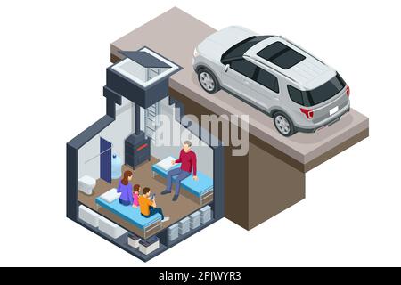 Abri à bombe isométrique en béton, bunker, abri résistant aux bombardements, abri de RAID aérien. Abri souterrain de bombe avec lits, une fourniture de nourriture pour la survie de Illustration de Vecteur