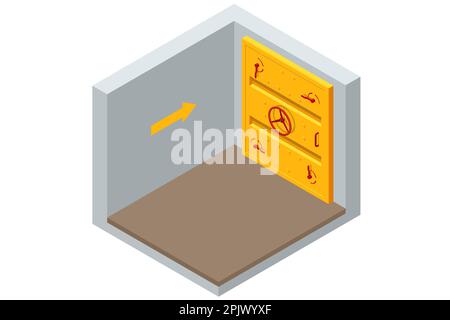 Abri à bombe isométrique en béton, bunker, abri résistant aux bombardements, abri de RAID aérien. Abri souterrain de bombe avec lits, une fourniture de nourriture pour la survie de Illustration de Vecteur