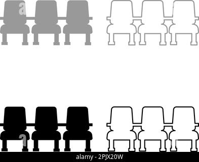 Chaise de cinéma chaises trois ensemble icône gris noir couleur vecteur illustration image simple remplissage Uni contour ligne mince plat style Illustration de Vecteur