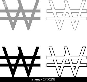 Symbole Won Korea Money Sign KRW monnaie ensemble icône gris noir couleur vecteur illustration image simple remplissage Uni contour ligne mince Illustration de Vecteur