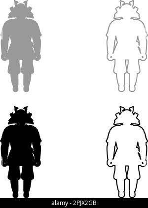 Samouraï japonais guerre héros silhouette guerrier ensemble icône gris noir couleur vecteur illustration image remplissage simple contour ligne mince plate Illustration de Vecteur