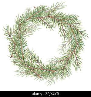 Couronne aquarelle avec branches d'arbre de Noël sur fond blanc. Décoration de plantes vertes, pin, aiguilles de pin, épinette. Cadre vintage fait de tw Banque D'Images