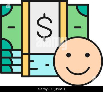 Billets en dollars avec Happy face, assurance argent, paiement en espèces couleur icône linéaire. Paiement en espèces, facture papier, symbole dollar. Illustration de Vecteur