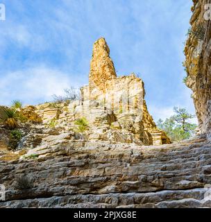 L'escalier de randonnée en terrasse Limestone sur la piste Devil's Hall à Pine Springs Canyon, parc national des montagnes Guadalupe, Texas, États-Unis Banque D'Images