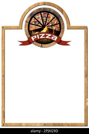 Modèle pour un menu Pizza. Cadre en bois et symbole en bois avec tranches de pizza, flammes et ruban rouge avec texte pizza, isolé sur fond blanc. Banque D'Images