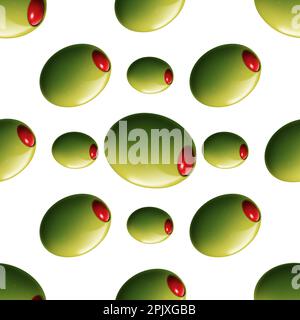 Motif sans couture avec olives vertes farcies au piment rouge, isolé sur fond blanc, illustration 3D. Banque D'Images