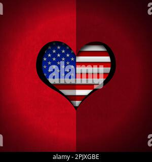 Drapeau national des États-Unis d'Amérique coeur en forme de coeur sur fond de velours rouge avec espace de copie. 3D illustration. Banque D'Images
