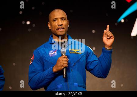 Victor Glover, astronaute américain Artemis II, s'est prononcé à Houston, aux États-Unis, le 3 avril 2023. Banque D'Images