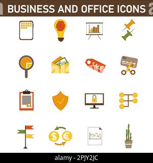 Collection d'icônes plates multicolores sur le sujet : affaires et bureau. Isolé sur fond blanc. Banque D'Images