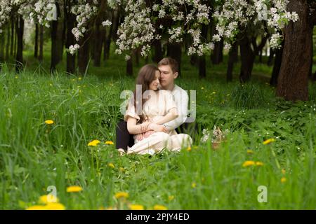 belle femme enceinte marche dans un jardin fleuri. mari embrassant la femme enceinte Banque D'Images