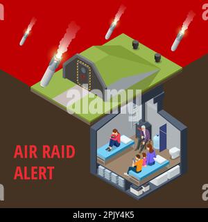 Abri à bombe isométrique en béton, bunker, abri résistant aux bombardements, abri de RAID aérien. Abri souterrain avec lits, et une réserve de nourriture pour la survie Illustration de Vecteur