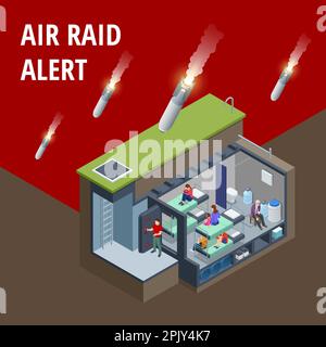 Abri à bombe isométrique en béton, bunker, abri résistant aux bombardements, abri de RAID aérien. Abri souterrain avec lits, et une réserve de nourriture pour la survie Illustration de Vecteur