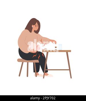 Douleur de soulagement de femme avec sac d'eau chaude et des pilules Illustration de Vecteur