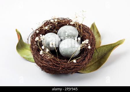 Nid brun de brindilles avec trois œufs de Pâques gris, plumes, feuilles de magnolia séchées et branches de gitsophila sur fond gris. Mini-conc. De Pâques Banque D'Images