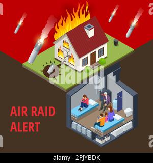 Abri à bombe isométrique en béton, bunker, abri résistant aux bombardements, abri de RAID aérien. Abri souterrain avec lits, et une réserve de nourriture pour la survie Illustration de Vecteur