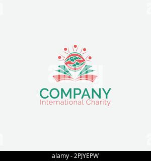 logo de charité internationale avec livre de mains de personnes et vecteur de globe Illustration de Vecteur