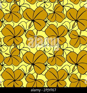 motif asymétrique sans couture de feuilles de trèfle dans des tons jaune moutarde et des contouros noirs, design, texture Banque D'Images