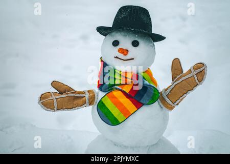 Charmant bonhomme de neige dans un village enneigé. Bonhomme de neige. Bonhommes de neige. Faire de la bonhomme de neige et de l'hiver. Joli petit bonhomme de neige en plein air. Banque D'Images