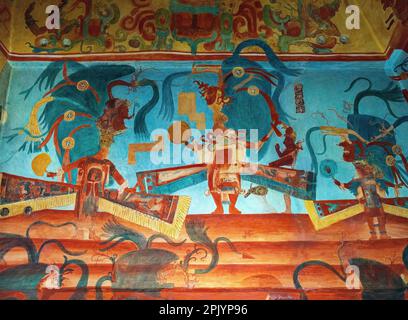 Fresque maya peinture murale dans la pièce 3 du temple des peintures murales dans la ville maya de Bonampak, Chiapas, Mexique. Banque D'Images