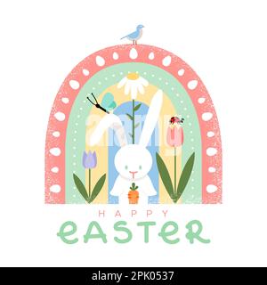 Joyeuses Pâques. Paysage avec lapin, fleurs de tulipe, arc-en-ciel et animaux. Illustration vectorielle, conception plate Illustration de Vecteur