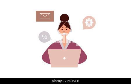 Employé du service client Femme ou assistant dans le service de micro-casque ou consulter les clients en ligne.opérateur de ligne directe dans le support technique mondial, centre d'appel, W Illustration de Vecteur