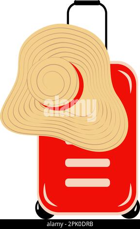 Image abstraite d'une valise de voyage sur roues et d'un chapeau à large bord dans des teintes vives et tendance. Journée mondiale du tourisme. Jour des douanes. Autocollant. Icône. Isoler. Design pour affiche, bannière ou prix, étiquette. EPS Illustration de Vecteur