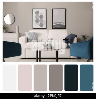 Palette de couleurs et photo de l'intérieur élégant du salon. Collage Banque D'Images
