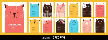 Calendrier 2023 avec ensemble de modèles de chats de dessin animé. Calendrier mensuel adorable collection animaux de compagnie. Chats kawaii drôles animaux différentes émotions. Page de planification d'événements tendance et typographie vectorielle de couverture Illustration de Vecteur