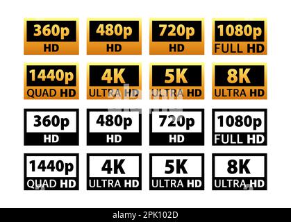 Résolution vidéo et TV sd, hd, Ultra HD, 4K, 8k. Résolution d'affichage de l'écran. Illustration de Vecteur