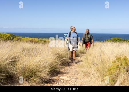 Joyeux couple biracial senior portant des sacs à dos, randonnée avec des bâtons de randonnée Banque D'Images