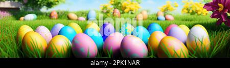 Fond de printemps frais avec oeufs de pâques bannière vert juteux prairie. Couleur oeufs de Pâques fleurs cachées herbe.Easter concept. Printemps été fond avec de l'herbe fraîche contre le ciel bleu avec. Banque D'Images