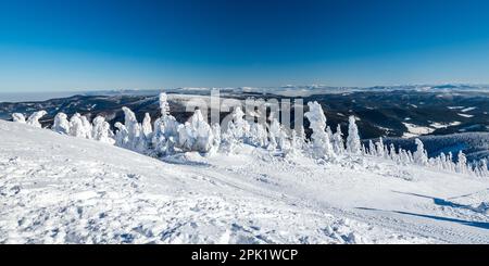 Les montagnes de Beskids et les montagnes de Tatra depuis la colline de Lysa hora dans les montagnes de Moravskoslezske Beskydy en République tchèque pendant la belle journée d'hiver Banque D'Images