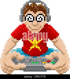 Joueur jouant à la console de jeu vidéo Pixel Art Cartoon Illustration de Vecteur