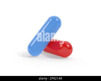 Pilule rouge et bleue isolée sur fond blanc. 3d illustration. Banque D'Images