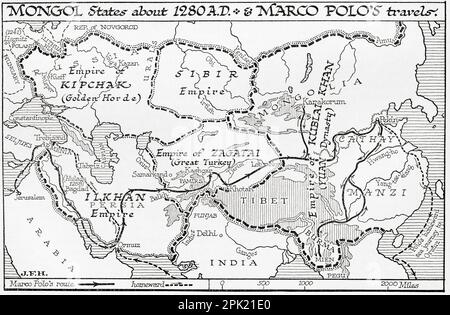 Carte des États mongol c. 1280 AD et voyages de Marco Polo. Extrait du livre Outline of History de H.G. Puits, publié en 1920. Banque D'Images